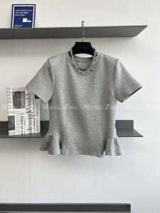 High-End European And Korean 2025 New Style Pad Shoulder round Neck Ruffle Splice Short Air Cotton Short Sleeve Womens T-shirt Spring Top
