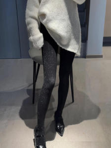 Silver Thread Knitted Pantyhose Womens Autumn Winter Slimming Vertical Stripes Lightweight Luxury Style Underwear Socks Set