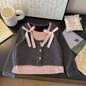Autumn Girls Long Sleeved Tops 3-8 Years Old Sweet And Versatile Fake Two T-shirts Children Fashionable Pullover