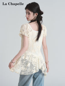 La Chapelle | Lace Irregular Bow Puff Sleeve Short Sleeve Shirt Slim Fit