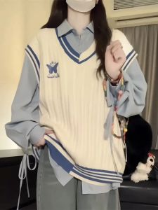 เสื้อสเวตเตอร์ถักปักลายสไตล์นักศึกษาสองชิ้น แขนยาว คอวี ทรงหลวม สำหรับผู้หญิง ฤดูใบไม้ผลิ 2024 สไตล์ย้อนยุค