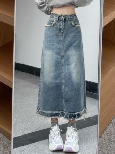 Retro Womens Skirt with Raw Edge Denim Spring & Fall Plus Size Plus Size Ladies High Waist Stylish A- line Mid Length Long Length Bodycon Dress