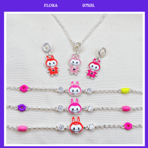 FLORA 0750L - Set bạc ta dây chuyền lắc tay hình Labubu màu hồng đỏ dành cho bé gái