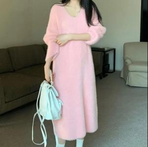 Womens Fall Winter Long Knitted Sweater Dress Mink Velvet Loose Fitting Slimming V Neck Thickened mid Length Casual Dress