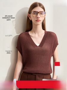 Amii Summer New Minimalist Solid Color Linen Knitted Short Sleeve V-Neck Slimming Knitwear Shoulder-Connected Casual Top