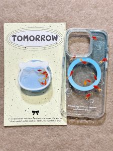 Gradient Blue Goldfish Magnetic Stand Mobile Phone Case Suitable for iPhone 14 15 pro Max Anti-Fall Protection Cover Korean Style