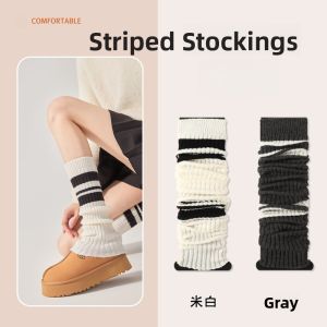 miiow | Thickened Knitted Grey College Style Long Tube Socks Womens Autumn Winter Warm Knee High Leggings With Knee Protection