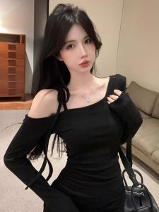 GUZILIAN | Váy dài tay ôm vừa vặn kiểu Pháp thanh lịch cho nữ mùa thu Váy ngắn cổ chữ V có dây buộc