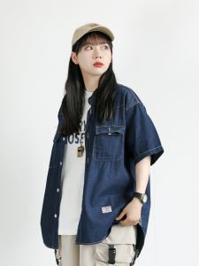 American Lazy Style Denim Short Sleeve Shirt Women Loose Fit Casual Design Sensation Workwear Five-Quarter Sleeve Shirt Summer