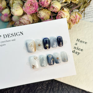 New Short Square 15mm Blue Gradient White Enhancing Luxury Handmade Nail Wear Detachable Elegant Grey Tone Chinese Made