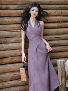 Elegant Purple French Style Dress Waist-Cinching Womens Summer Fashionable Beautiful Gown High Waist Belted V-neck Long Dress