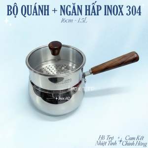 Quánh xửng hấp 16cm inox 304 / Bộ quánh xửng tay cầm gỗ 1.5 Lit