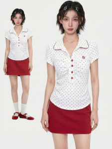 KBVVR | Polo Neck Polka Dots Slimming Short Top T-Shirt