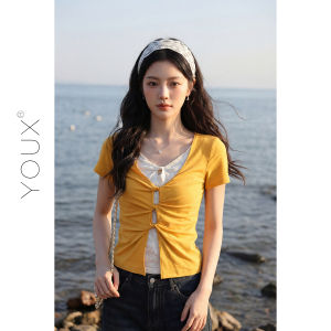 YOUXIANG | Áo Thun Giả Hai Mảnh Giúp Gầy Ốm Màu Vàng