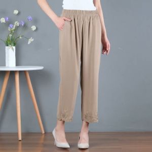Womens pants middle-aged and elderly thin elastic straight leg pants high waist large size loose fitting moms elastic casual pants