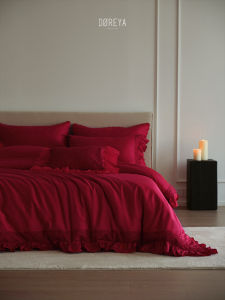 Wedding Four Piece Set Large Red Lace Edged High Quality Bedding