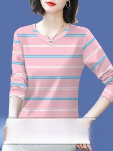 เสื้อยืดคอกลมแขนยาวผ้าฝ้ายแท้ระดับไฮเอนด์สำหรับผู้หญิง ฤดูใบไม้ร่วง 2024 ใหม่ ลดอายุ ปกปิดหน้าท้อง เสื้อผ้าทำงานสไตล์เกาหลี