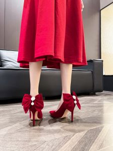 Red Butterfly Knot High Heels Thin Stiletto Wedding Shoes Chinese Style New 2025 Princess Ballroom Dance Footwear Women Comfortable