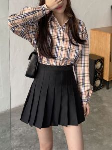 กระโปรงสั้นจีบเอวสูงสไตล์นักศึกษา JK กระโปรงทรงเอผ้าฝ้ายผสมสำหรับผู้หญิงไซส์เล็ก ฤดูใบไม้ผลิและฤดูร้อน