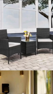 ชุดโต๊ะหวายเทียมนอกบ้าน ประกอบด้วยโต๊ะ 1 ตัวและเก้าอี้ 2 ตัว โครงเหล็กคุณภาพสูงและหวาย PE ความมั่นคง