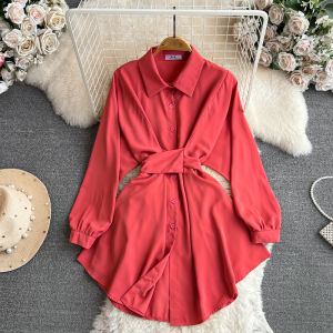 Spring and Autumn Korean Style Ladies Temperament Long Sleeve Lapel and Waist Tight Slim Looking Tunic Single-Breasted A- line Shirt Dress Women