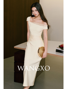 WANGXO | Đầm Knit Asymmetric Chéo Vintage Lace