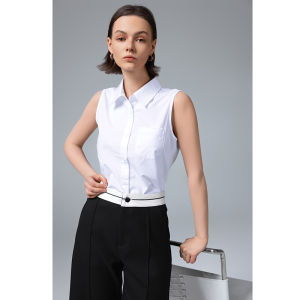 White Sleeveless Commuter Style Shirt Womens Summer Fashion Casual Design Cotton Pure Color Button Pocket Straight Cut Top