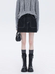 High Waist A-Line Mini Skirt Denim Short Skirts Summer Slimming Bright Stitch Black High Quality Korean Style Commute Cotton