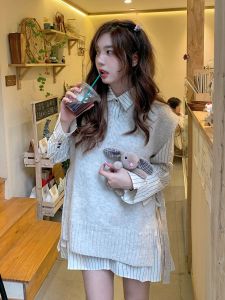 Shirt Matching Sweater Vest Vest Female Spring Loose and Lazy Style Knitted Vest Bandage Dress Sleeveless Waistcoat Tops