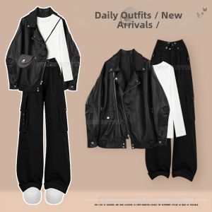 NUMEN BUTTON | Large Size Fall Stylish Retro Outfit Set Leather Jacket Top and Cargo Pants