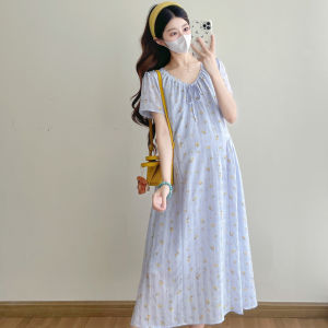 Maternity Dress Pregnant Womens Summer Floral Embroidered V-Neck Tie Waist Long Dress
