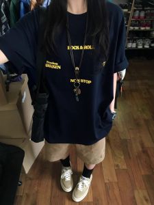 American Retro High Street Fashion Brand Pure Cotton Short Sleeve T-Shirt Womens Plus Size Ladies Plus Size Loose Chic Hong Kong Style Couple Wear Tops