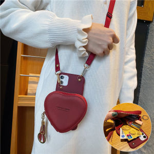 Heart Shaped Wallet Phone Case for Apple Iphone 15 pro Max 14 plus Crossbody Car Key Bag Soft Womens Style with Lanyard Protection