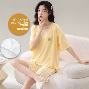 Langsha 2024 New Modal Sleepwear Womens Short Sleeve Home Clothes with Chest Pad Korean Style Cool Sensation Outdoor Wear