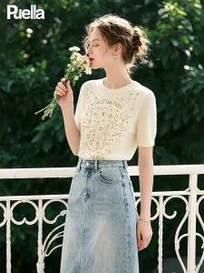 puella | Áo Thun Knit Thon Gọn Sang Trọng Có Thêu Và Đính Kim Cương