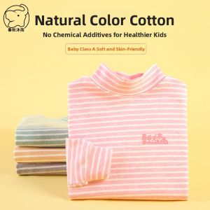 Childrens Pure Cotton Long Sleeve T-Shirt Half High Collar Base Shirt Single Piece Upper Apparel Autumn Winter Inner Wear Boys Girls