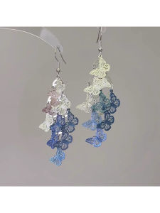Elegant Blue Gradient Butterfly Tassel Earrings for Women Unique Stylish Long Dangle Earrings Fashion Jewelry Accessories