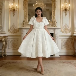 Modern Philippine-style Puff Sleeves Full Circle Midi Dress With Bow Details Custom Formal Dress 2319