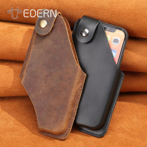 EDERN Retro Crazy Horse Leather Mens Waist Bag Wear Belt Mens Belt Pouch Simple Cowhide Fanny Pack 6.7-inch Phone Pouch