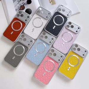 Diamond Grid Pattern Leather Texture for Magsafe Magnetic Phone Case For iPhone 17 16 15 14 13 Pro Max Shockproof Bumper Cover