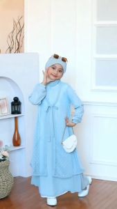 Gamis Anak Tanggung Perempuan Nafisha Dress Kids 2in1 Cerutty Babydoll Mix Tille Dot Free Hijab Pashmina Pakaian Muslimah Kekinian Modern 2023