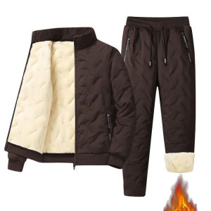 Mens autumn and winter sports suit stand collar casual cardigan jacket outdoor thick warm cotton jacket and pants two-piece set