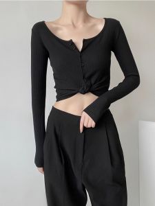 เสื้อยืดคอกลมแขนยาวสั้นสำหรับผู้หญิง ทรงเข้ารูป ทรงเข้ารูป ลายทางแนวตั้ง เสื้อคาร์ดิแกนเปิดหน้ากระดุมเดียว สไตล์สาวฮอตอเมริกัน