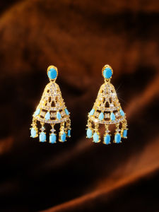 SEQUITO South Asian Court Style Ladies Jewelry Inlay Blue White CZ Zircon Gold Plated Bell Tassel Drop Earrings for Dinner Parties SE1065