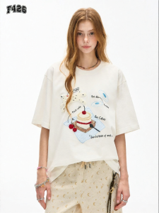 F426 | Chinese American Style Puppy Cake Embroidered T-shirt