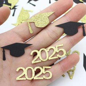 100 ชิ้น 2025 Black & Golden Graduation Cap Confetti - กระดาษกระจายตกแต่งสําหรับ Graduation Party ฉลองอุปกรณ์เหตุการณ์