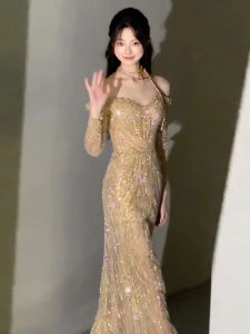 Golden Evening Gown Womens Elegant Long Sleeve Fish Tail Drinking Ceremony Wedding Dress for Art Exam Adult Ceremony