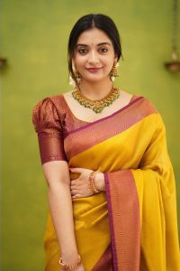 SOUTH INDIAN TRADITIONAL YELLOW COLOR SOFT LICHI SILK SAREE