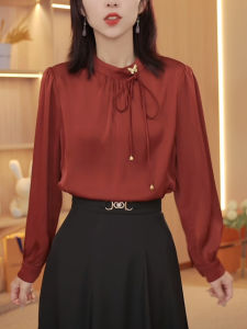 Red Acetate Satin Shirt Womens Early Autumn New Style Long Sleeve Casual Slimming Leisure Fashionable Business Lady Shirt