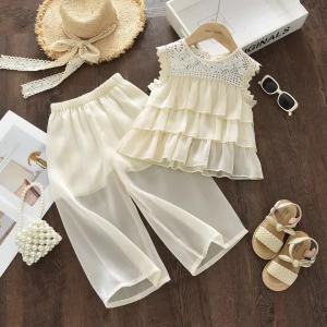 Korean Beige Summer New Casual Suit with Multi-layer Lace Hollow Pattern Vest Top and Pants Two-piece Set for Girls Aged 3-7